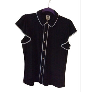 Women's Anne Klein Blouse M Black White Peter Pan Collar